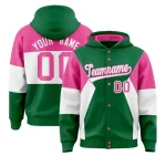 Custom Kelly Green Pink-White Color Block Varsity Full-Snap Letterman Jacket Hoodie
