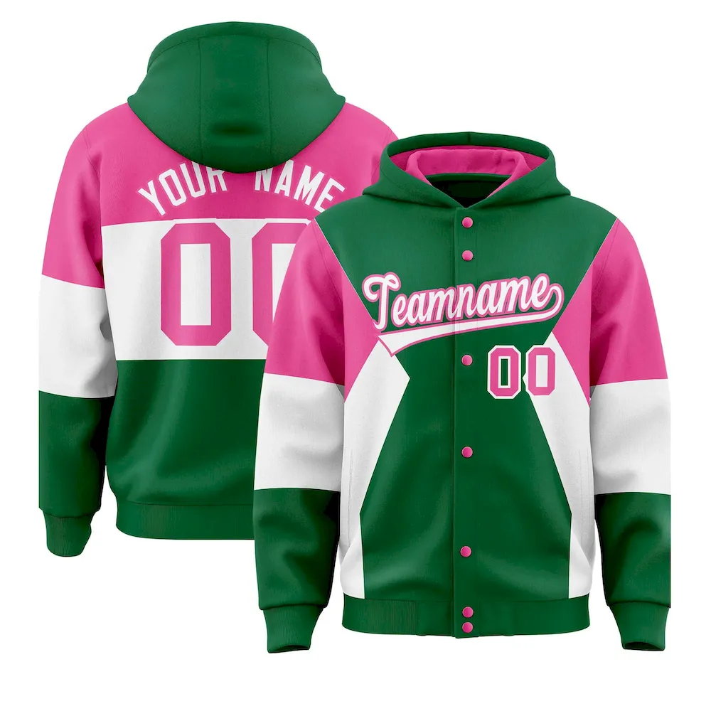 Custom Kelly Green Pink-White Color Block Varsity Full-Snap Letterman Jacket Hoodie