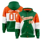 Custom Kelly Green Orange-White Color Block Varsity Full-Snap Letterman Jacket Hoodie