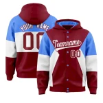 Custom Crimson Powder Blue-White Color Block Varsity Full-Snap Letterman Jacket Hoodie