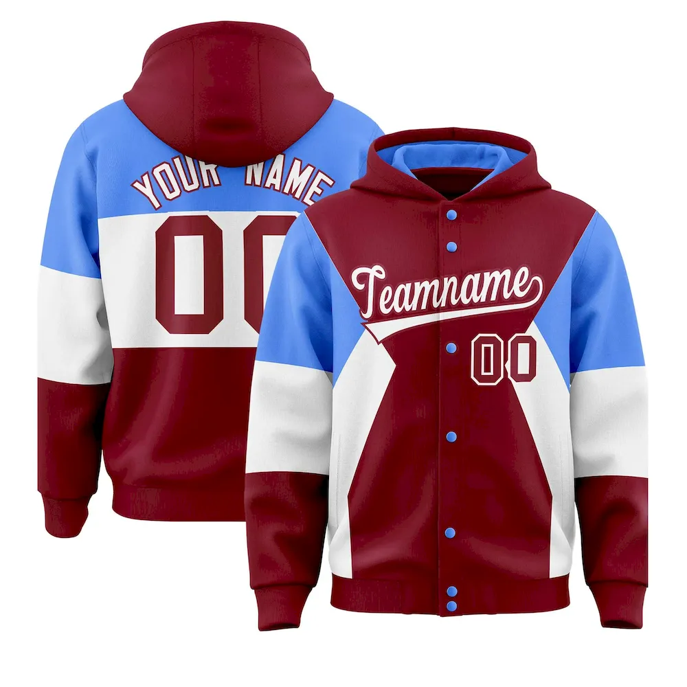 Custom Crimson Powder Blue-White Color Block Varsity Full-Snap Letterman Jacket Hoodie