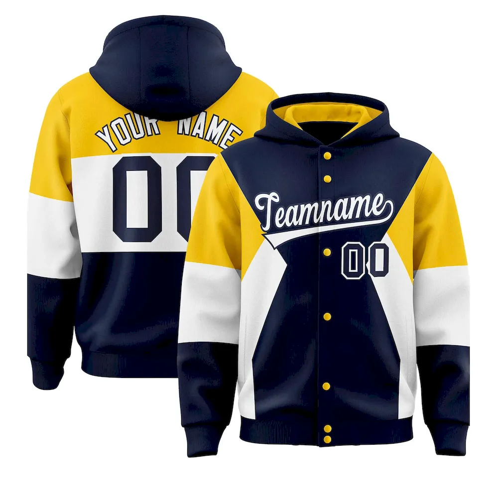 Custom Navy Gold-White Color Block Varsity Full-Snap Letterman Jacket Hoodie