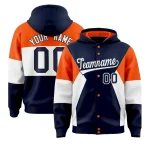 Custom Navy Orange-White Color Block Varsity Full-Snap Letterman Jacket Hoodie
