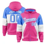 Custom Pink Powder Blue-White Color Block Varsity Full-Snap Letterman Jacket Hoodie