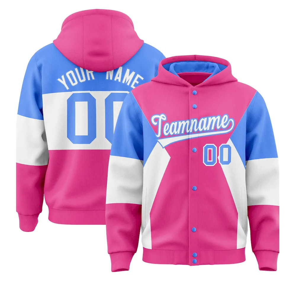 Custom Pink Powder Blue-White Color Block Varsity Full-Snap Letterman Jacket Hoodie