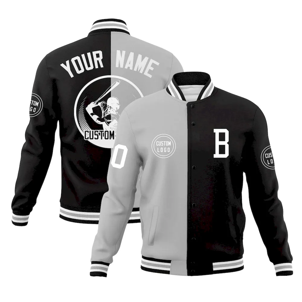 Custom Black Gray Varsity Full-Snap Split Letterman Baseball Jacket