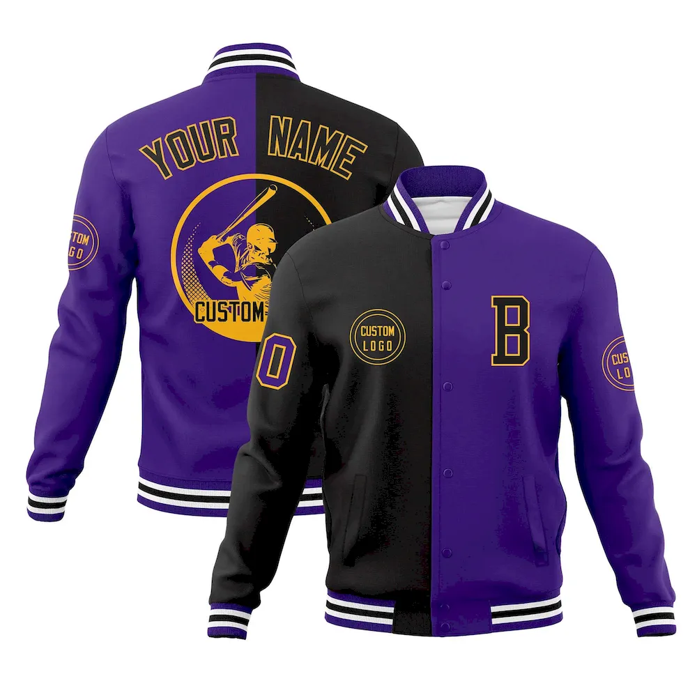 Custom Black Purple Varsity Full-Snap Split Letterman Baseball Jacket