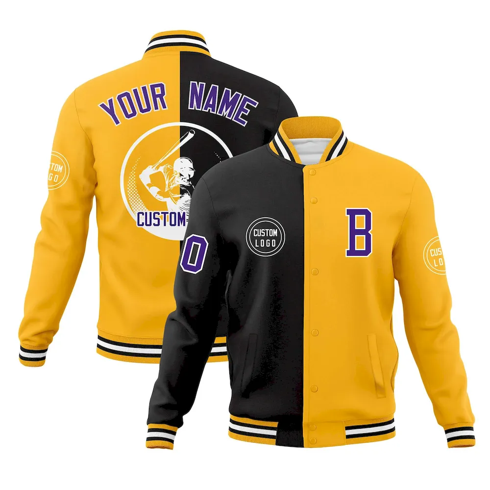 Custom Black Gold Varsity Full-Snap Split Letterman Baseball Jacket