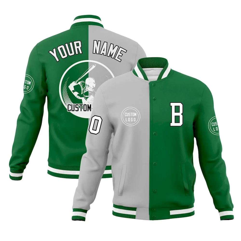 Custom Gray Kelly Green Varsity Full-Snap Split Letterman Baseball Jacket