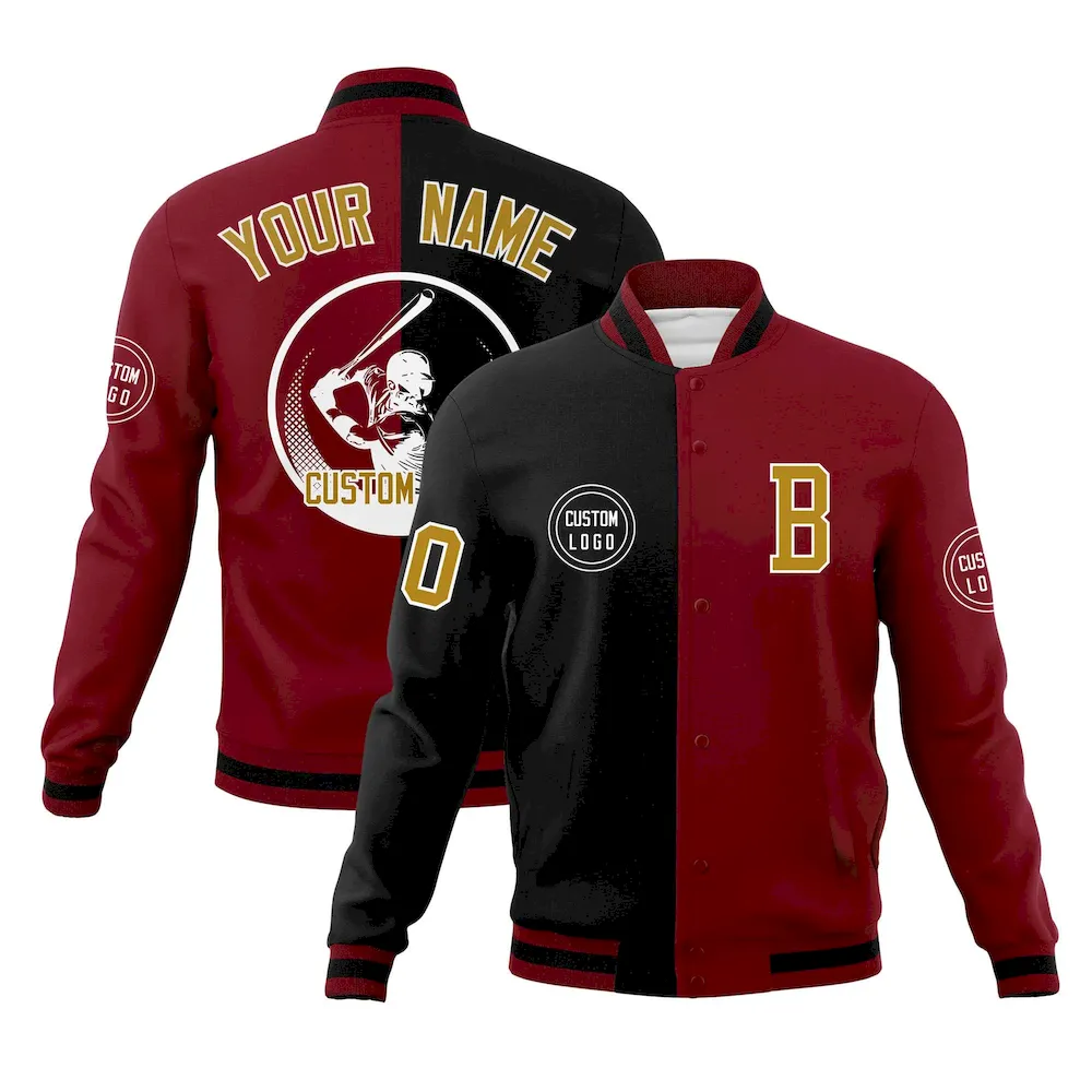 Custom Black Crimson Varsity Full-Snap Split Letterman Baseball Jacket