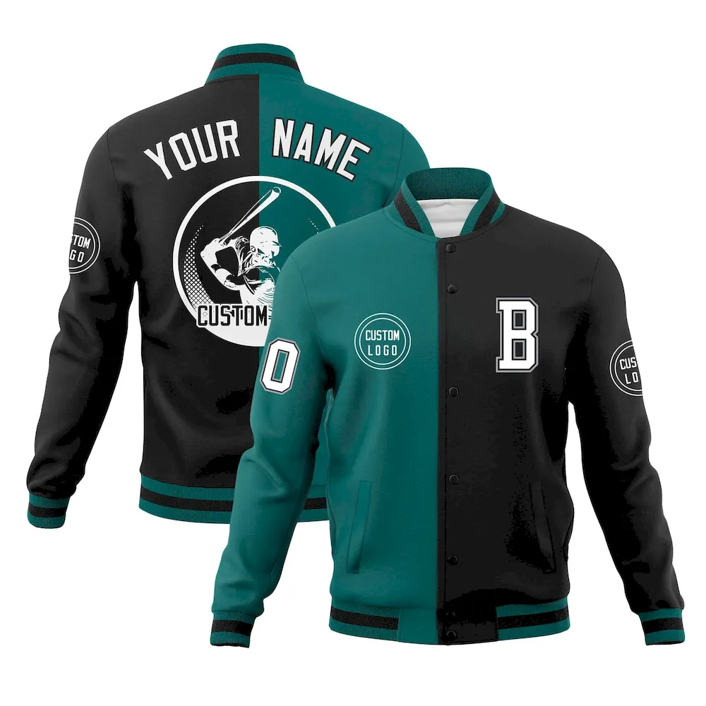 Custom Aqua Black Varsity Full-Snap Split Letterman Baseball Jacket