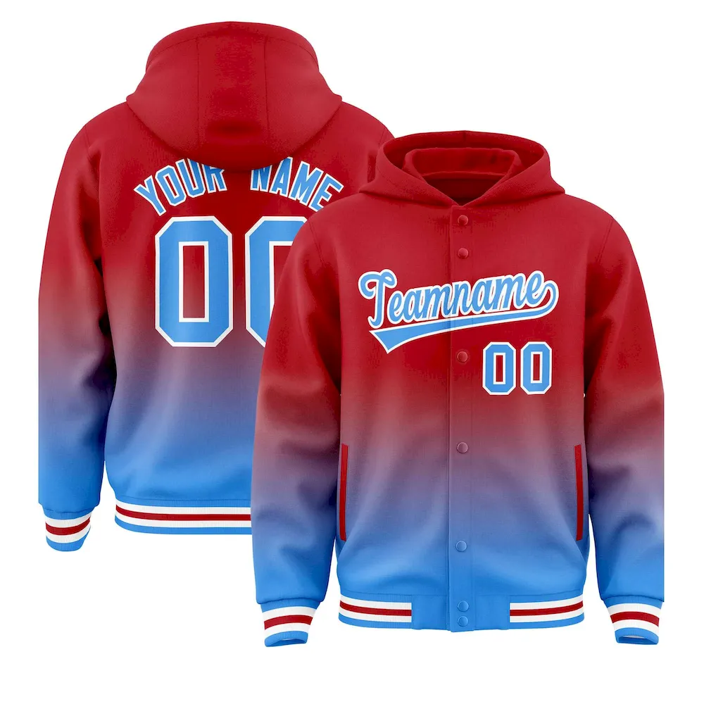 Custom Red Yellow Varsity Full-Snap Letterman Gradient Jacket Hoodie