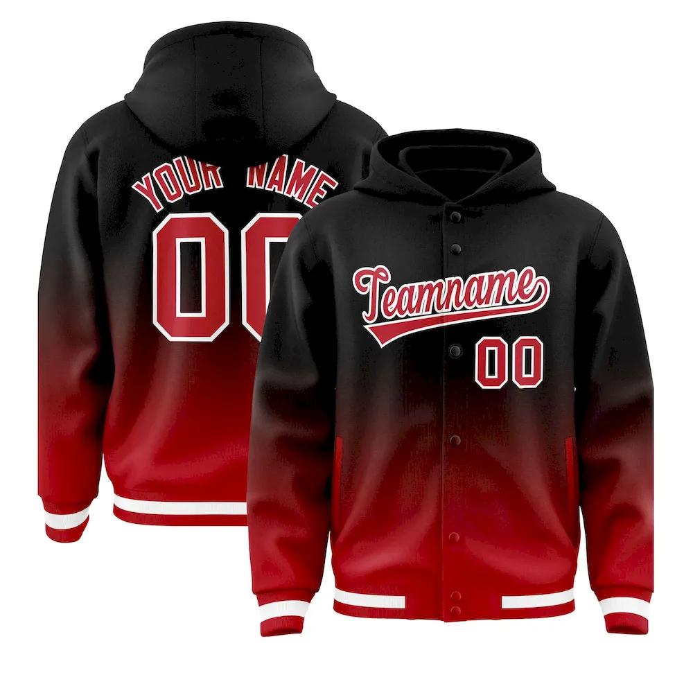 Custom Black Red Varsity Full-Snap Letterman Gradient Jacket Hoodie