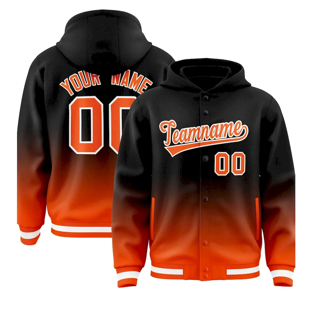 Custom Black Orange Varsity Full-Snap Letterman Gradient Jacket Hoodie