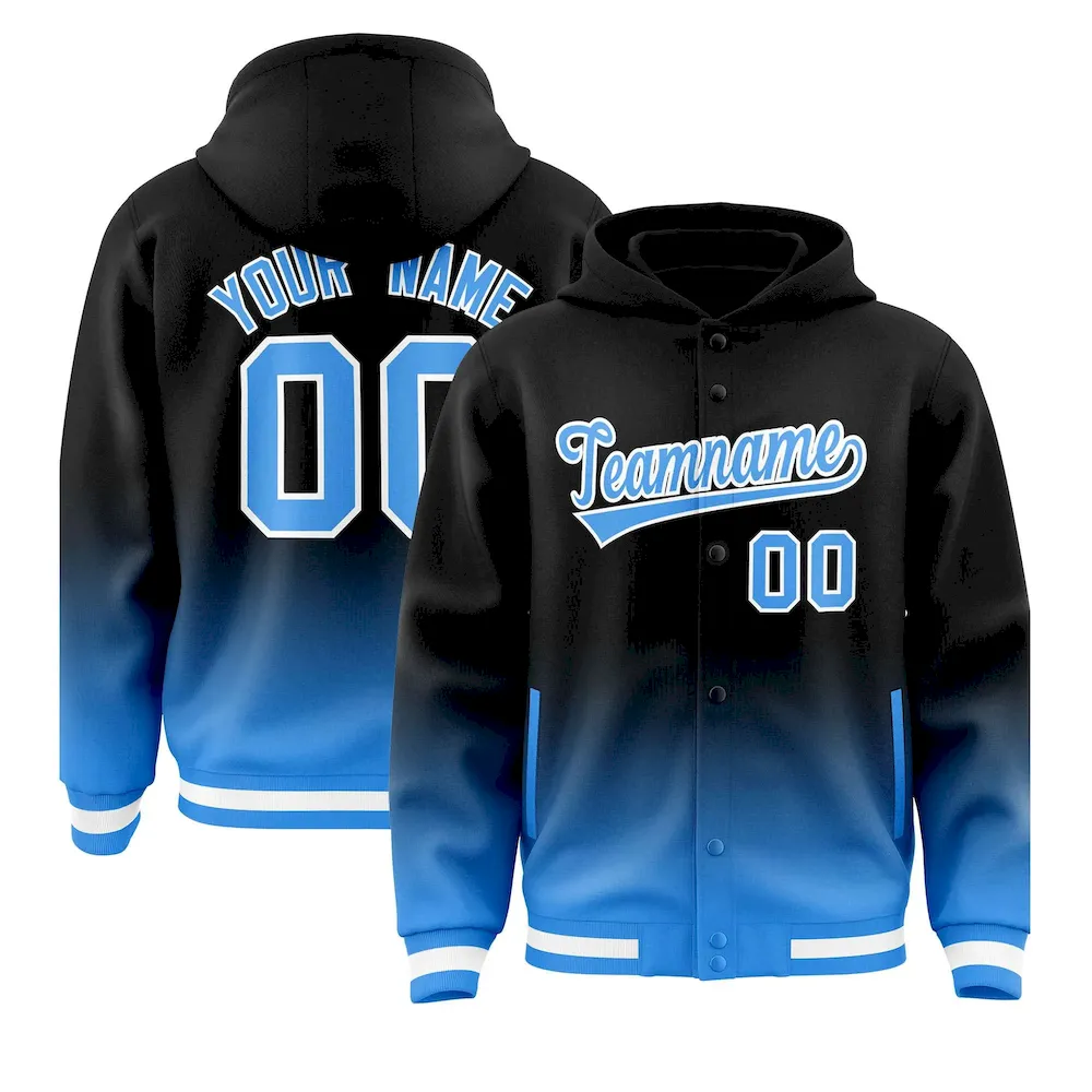 Custom Black Blue Varsity Full-Snap Letterman Gradient Jacket Hoodie