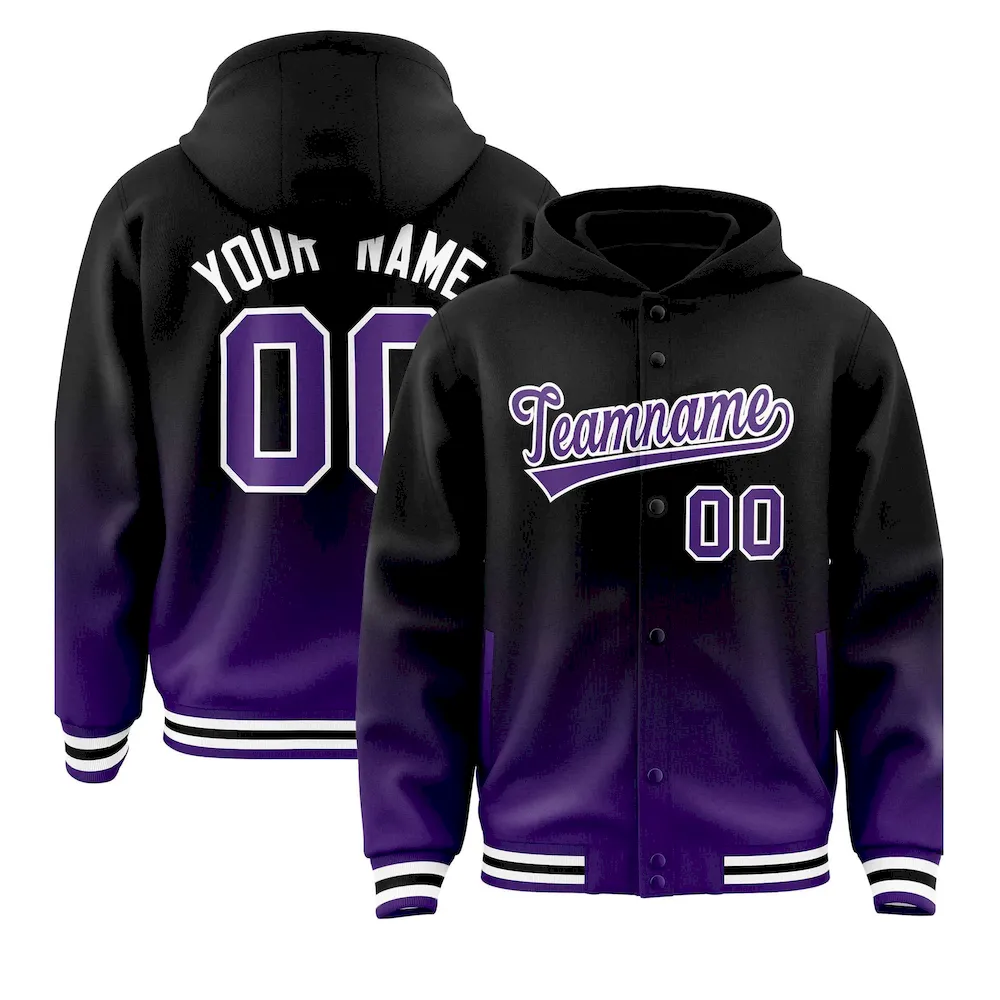 Custom Black Purple Varsity Full-Snap Letterman Gradient Jacket Hoodie
