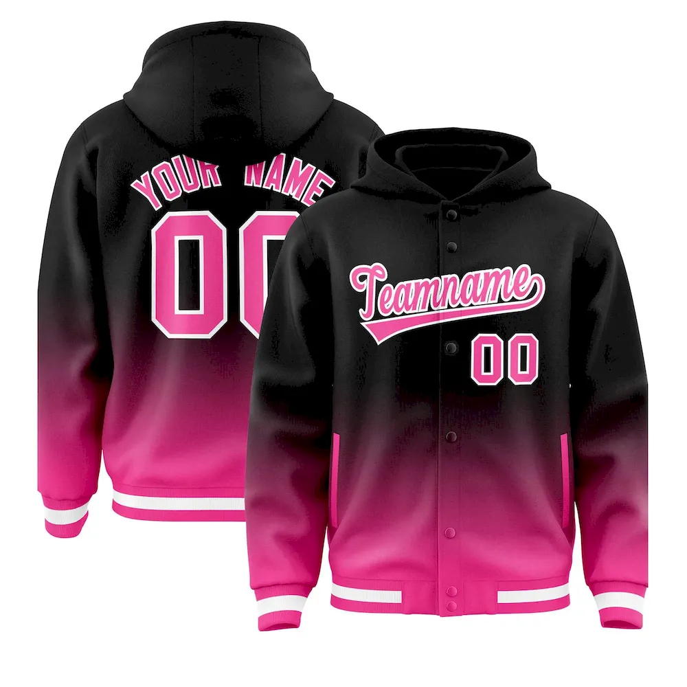 Custom Black Pink Varsity Full-Snap Letterman Gradient Jacket Hoodie