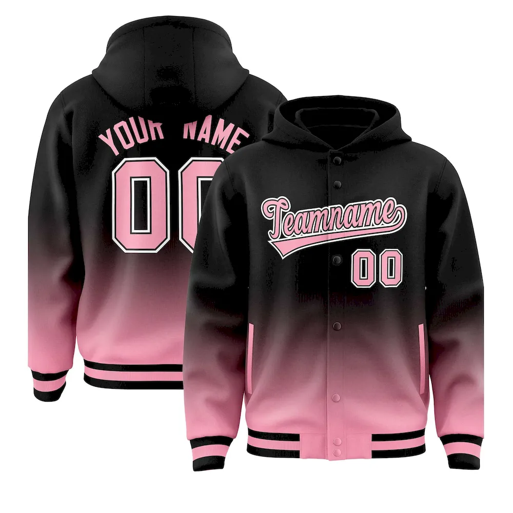 Custom Black Light Pink Varsity Full-Snap Letterman Gradient Jacket Hoodie