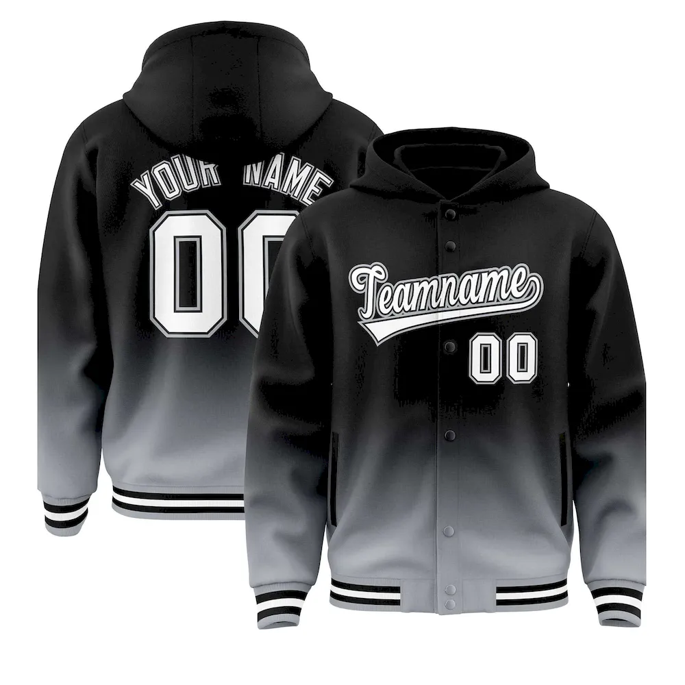 Custom Black Gray Varsity Full-Snap Letterman Gradient Jacket Hoodie