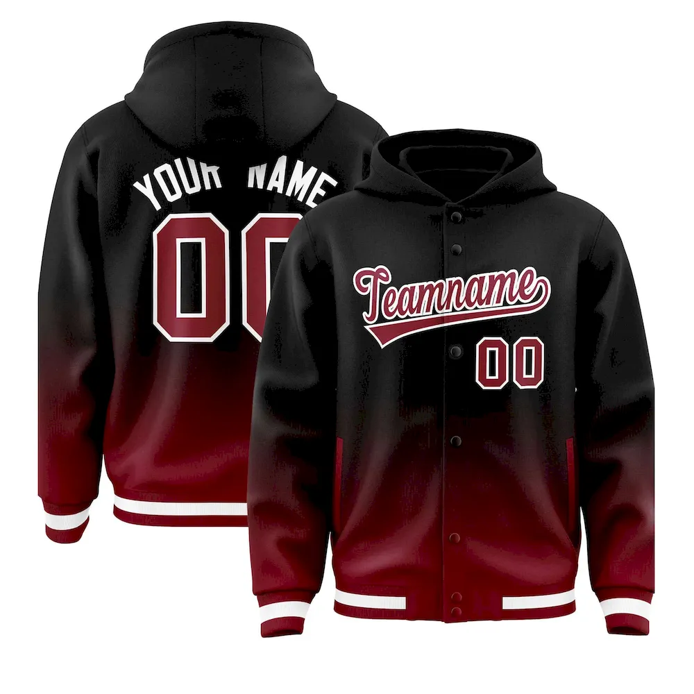 Custom Black Crimson Varsity Full-Snap Letterman Gradient Jacket Hoodie