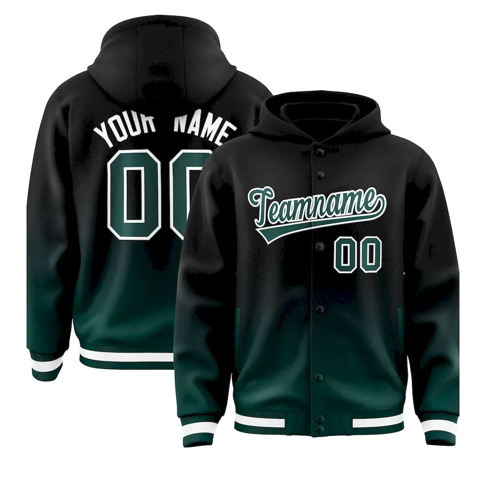 Custom Black Midnight Green Varsity Full-Snap Letterman Gradient Jacket Hoodie