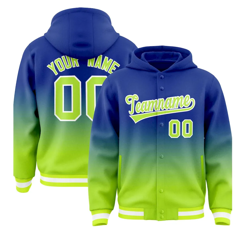 Custom Royal Neon Green Varsity Full-Snap Letterman Gradient Jacket Hoodie