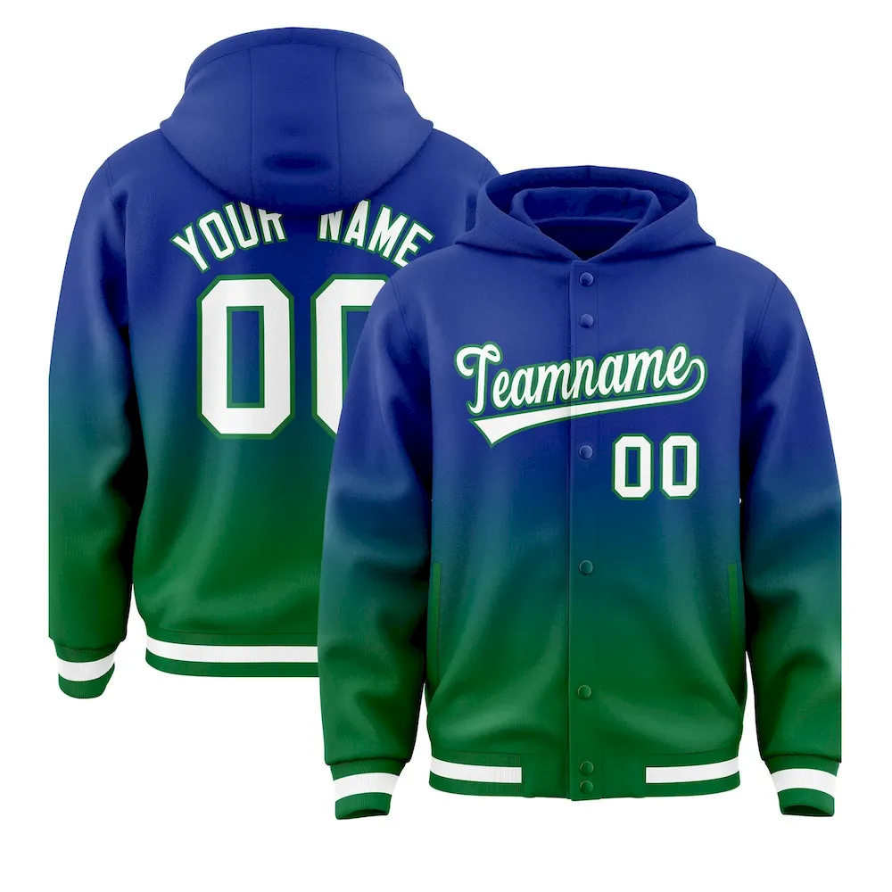 Custom Royal Green Varsity Full-Snap Letterman Gradient Jacket Hoodie