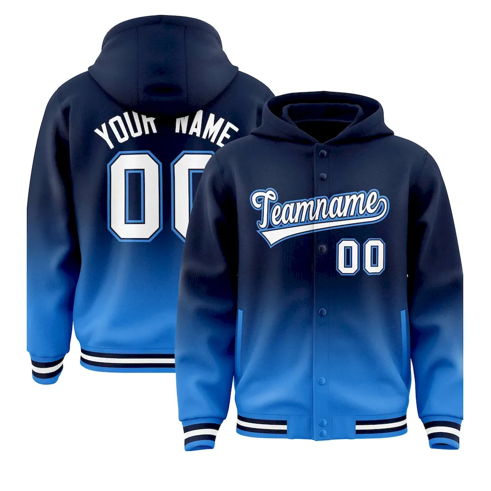 Custom Navy Blue Varsity Full-Snap Letterman Gradient Jacket Hoodie