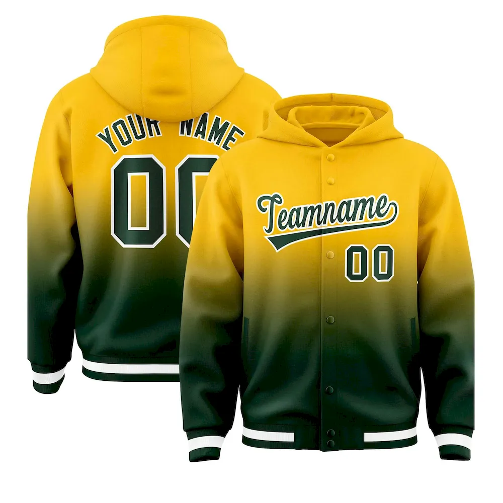Custom Yellow Green Varsity Full-Snap Letterman Gradient Jacket Hoodie