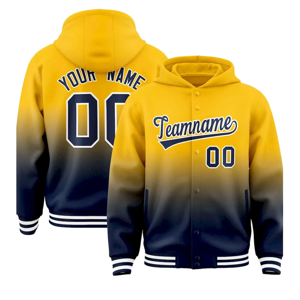Custom Yellow Navy Varsity Full-Snap Letterman Gradient Jacket Hoodie