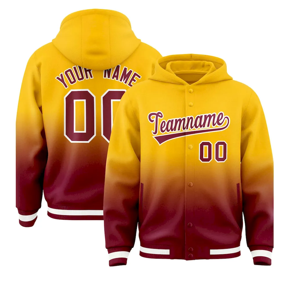 Custom Yellow Crimson Varsity Full-Snap Letterman Gradient Jacket Hoodie