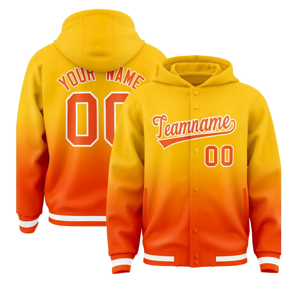 Custom Yellow Orange Varsity Full-Snap Letterman Gradient Jacket Hoodie