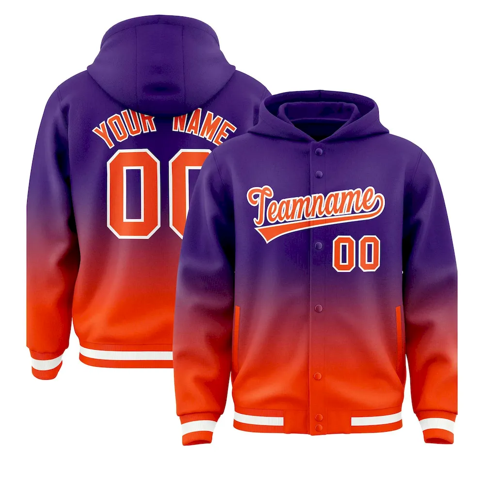 Custom Purple Orange Varsity Full-Snap Letterman Gradient Jacket Hoodie