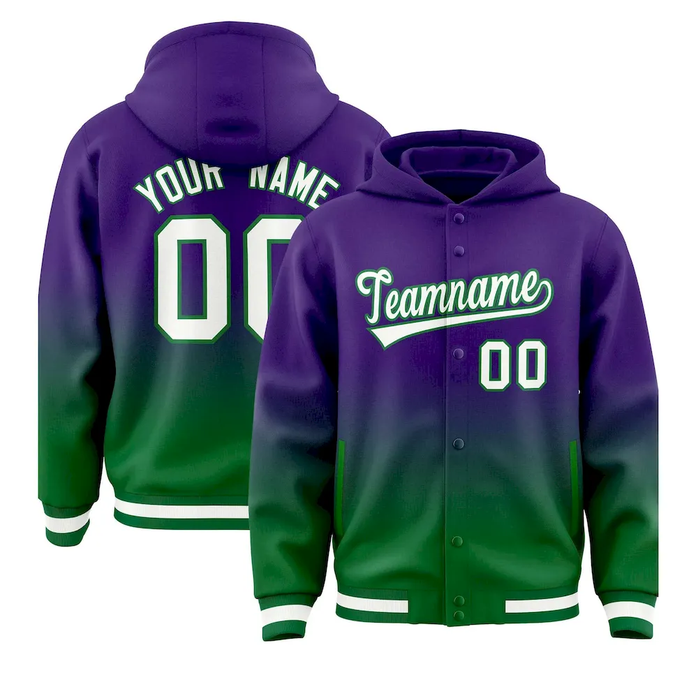 Custom Purple Green Varsity Full-Snap Letterman Gradient Jacket Hoodie