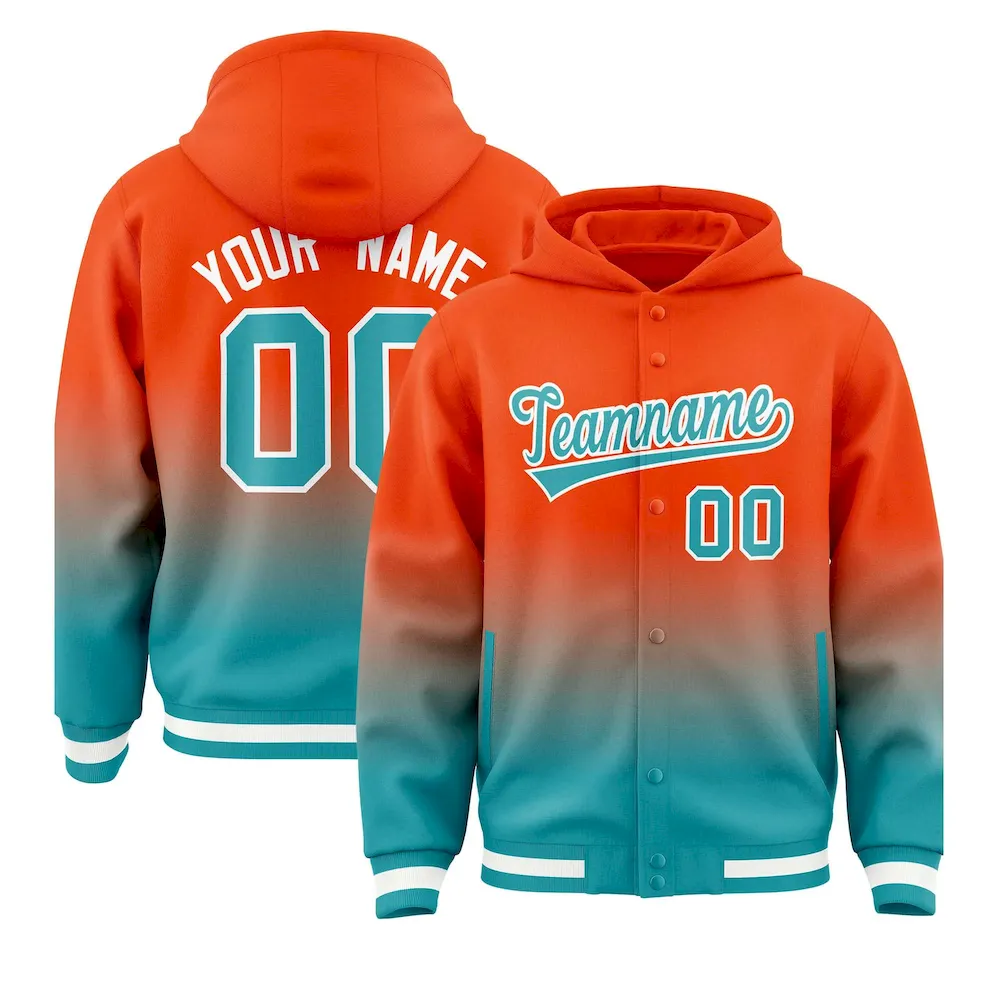 Custom Orange Aqua Varsity Full-Snap Letterman Gradient Jacket Hoodie