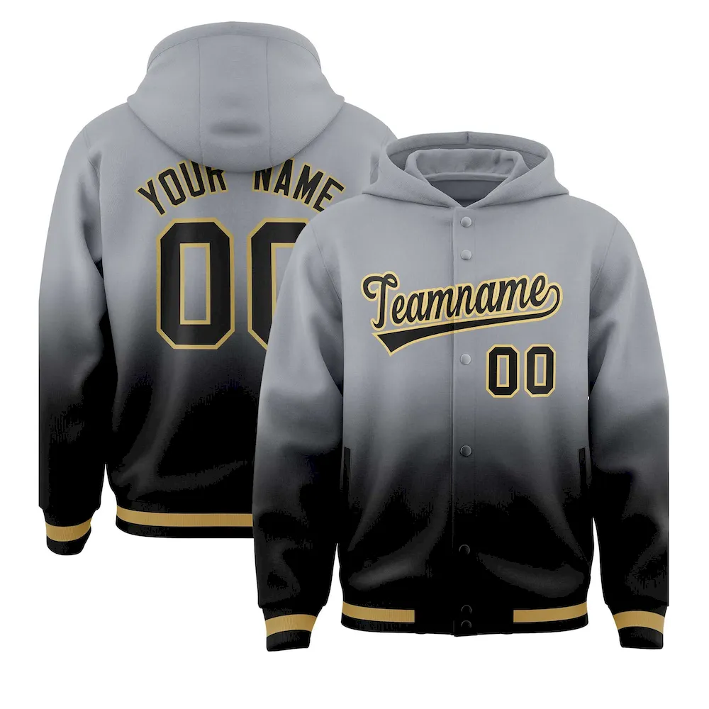 Custom Gray Black Varsity Full-Snap Letterman Gradient Jacket Hoodie