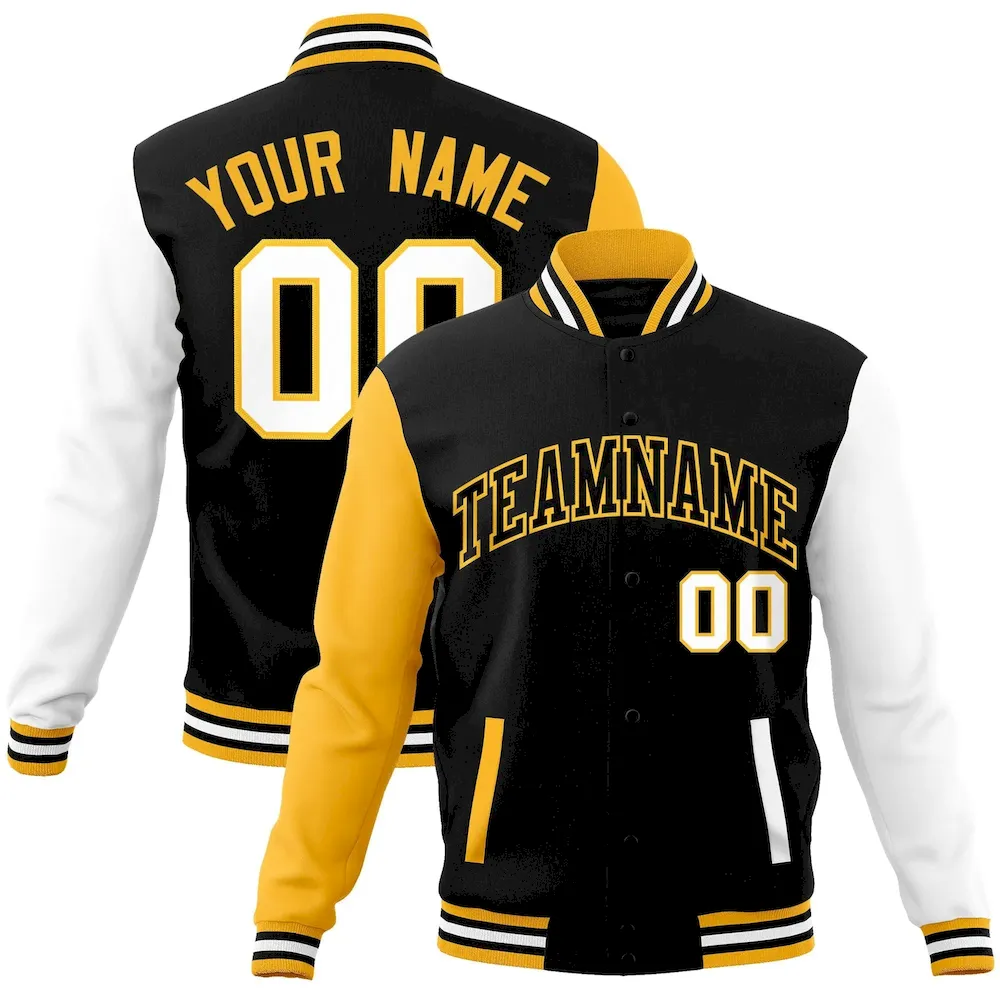 Custom Black Black-Yellow Raglan Sleeves Varsity Full-Snap Letterman Jacket