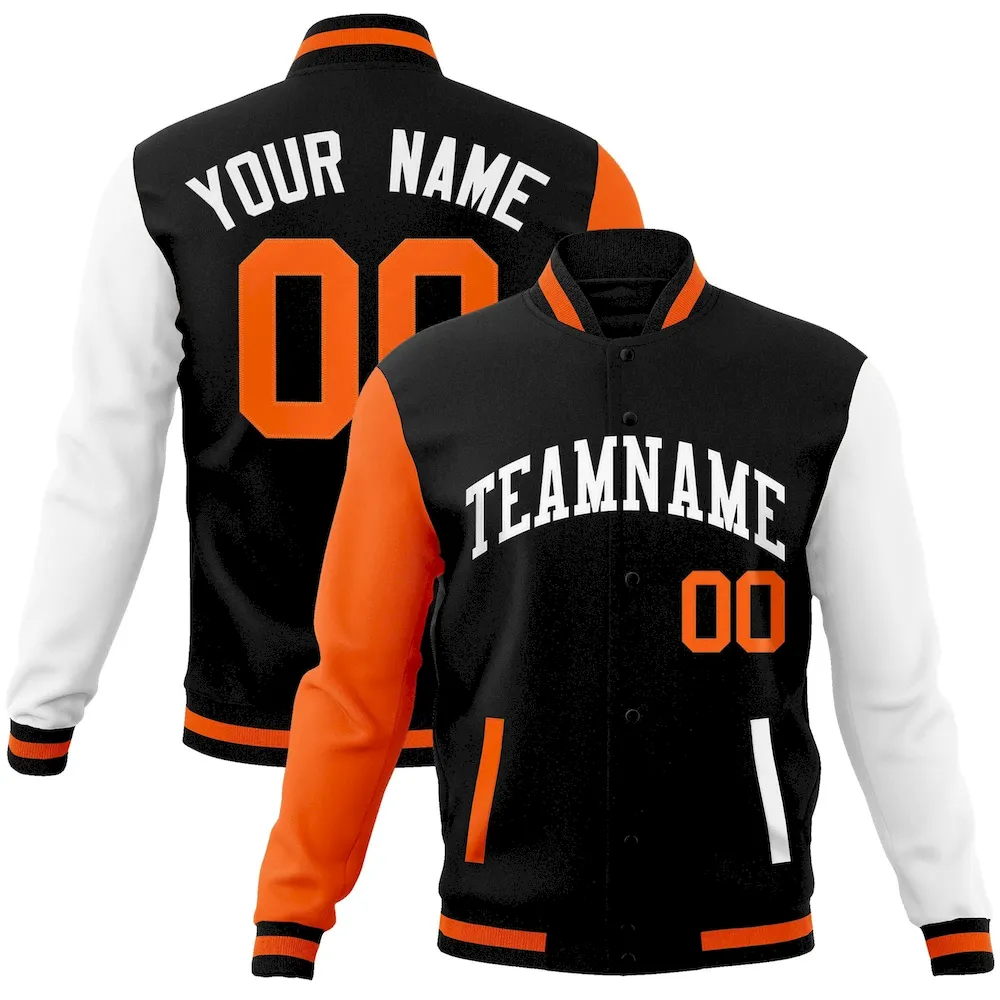 Custom Black White Raglan Sleeves Varsity Full-Snap Letterman Jacket