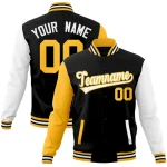 Custom Black White-Yellow Raglan Sleeves Varsity Full-Snap Letterman Jacket