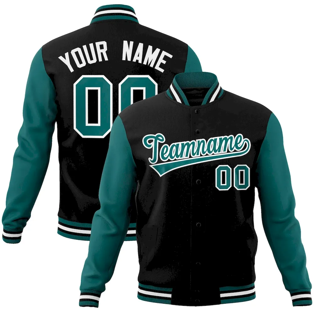 Custom Black Aqua-White Raglan Sleeves Varsity Full-Snap Letterman Jacket