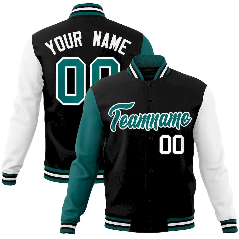 Custom Black Aqua-White Raglan Sleeves Varsity Full-Snap Letterman Jacket