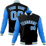 Custom Black Powder Blue-White Raglan Sleeves Varsity Full-Snap Letterman Jacket