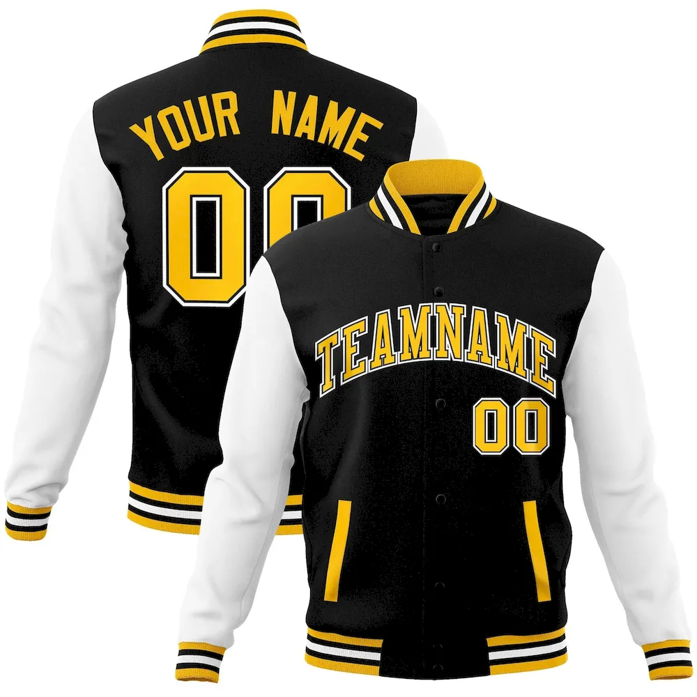 Custom Black Gold-Black Raglan Sleeves Varsity Full-Snap Letterman Jacket