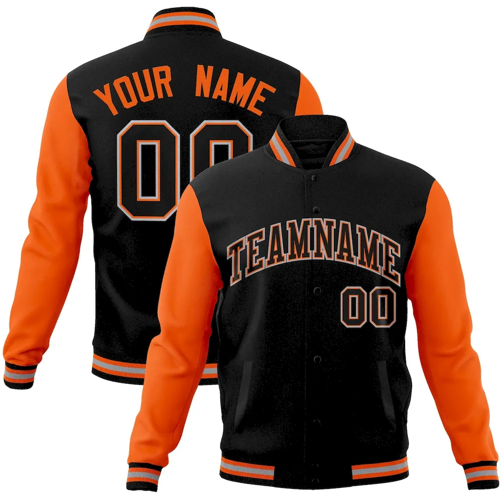 Custom Black Black-Orange Raglan Sleeves Varsity Full-Snap Letterman Jacket