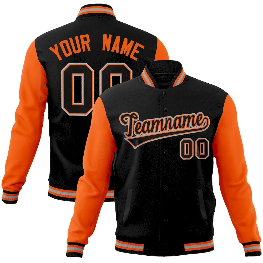 Custom Black Black-Orange Raglan Sleeves Varsity Full-Snap Letterman Jacket