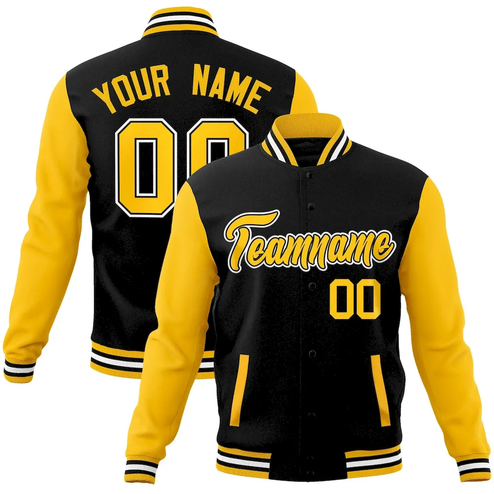 Custom Black Gold-Black Raglan Sleeves Varsity Full-Snap Letterman Jacket