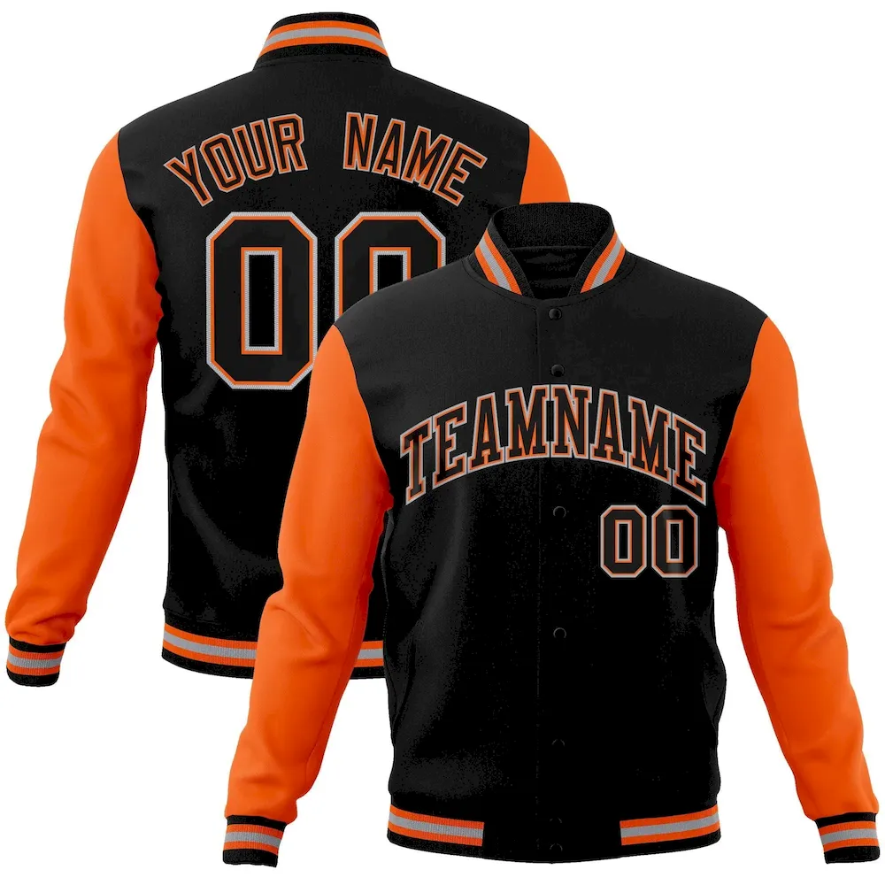 Custom Black Black-Orange Raglan Sleeves Varsity Full-Snap Letterman Jacket