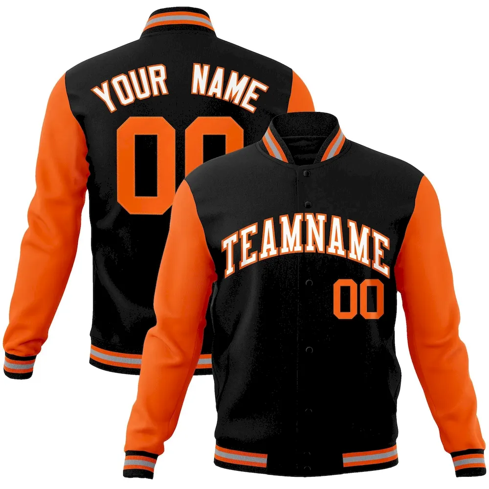 Custom Black White-Orange Raglan Sleeves Varsity Full-Snap Letterman Jacket
