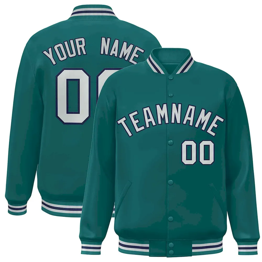 Custom Aqua Gray-Navy Classic Style Varsity Full-Snap Letterman Jacket