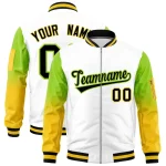 Custom White Neon Green-Gold Gaglan Sleeve Gradient Varsity Full-Zip Letterman Bomber Jacket